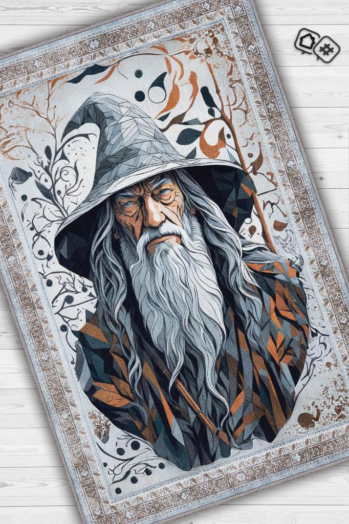Gandalf Figürlü Geleneksel Desenli Mavi Turuncu Gri Renkli Yüzüklerin Efendisi Halısı Orta Dünya Dekoratif Halı