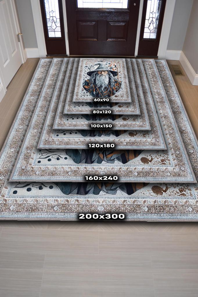 Gandalf Figürlü Geleneksel Desenli Mavi Turuncu Gri Renkli Yüzüklerin Efendisi Halısı Orta Dünya Dekoratif Halı