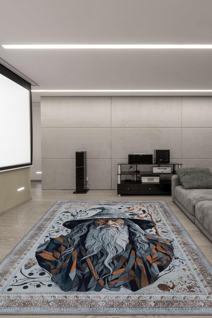 Gandalf Figürlü Geleneksel Desenli Mavi Turuncu Gri Renkli Yüzüklerin Efendisi Halısı Orta Dünya Dekoratif Halı