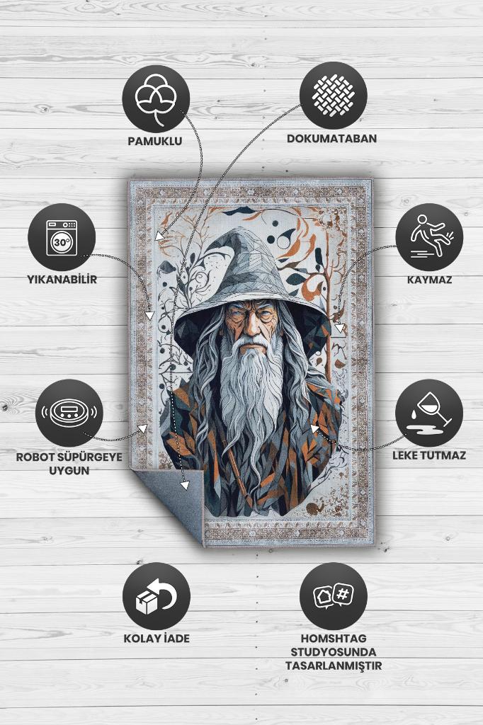 Gandalf Figürlü Geleneksel Desenli Mavi Turuncu Gri Renkli Yüzüklerin Efendisi Halısı Orta Dünya Dekoratif Halı