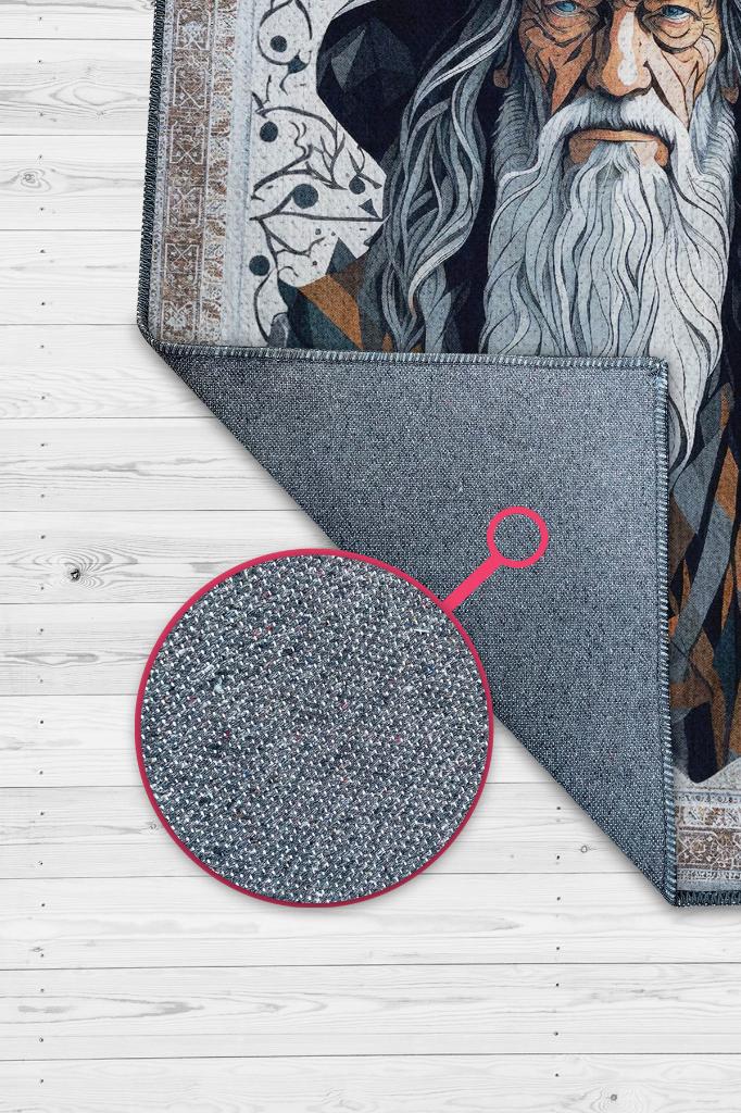 Gandalf Figürlü Geleneksel Desenli Mavi Turuncu Gri Renkli Yüzüklerin Efendisi Halısı Orta Dünya Dekoratif Halı