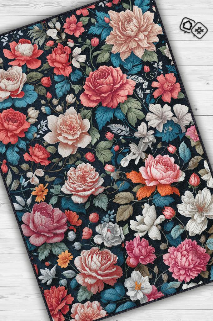 Çiçek Vadisi Koyu Renk Halı Çiçekli Salon Halısı Modern Oturma Odası Halısı Şık Siyah Halı