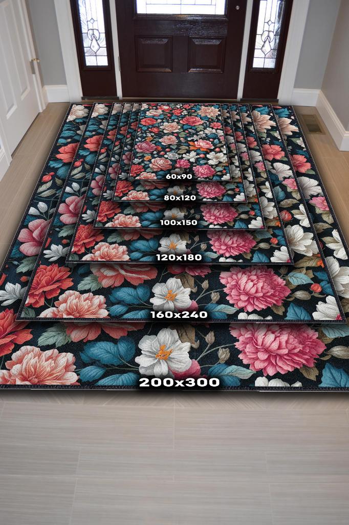 Çiçek Vadisi Koyu Renk Halı Çiçekli Salon Halısı Modern Oturma Odası Halısı Şık Siyah Halı