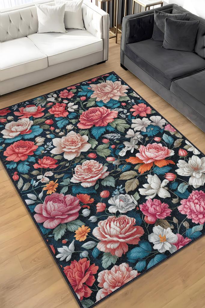 Çiçek Vadisi Koyu Renk Halı Çiçekli Salon Halısı Modern Oturma Odası Halısı Şık Siyah Halı