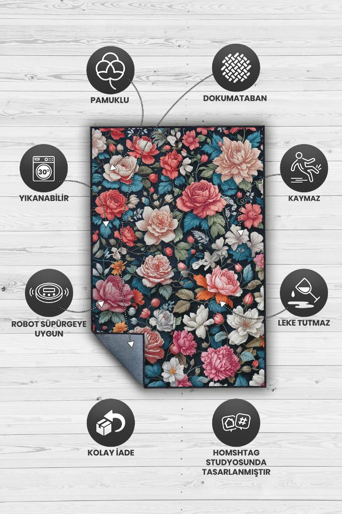Çiçek Vadisi Koyu Renk Halı Çiçekli Salon Halısı Modern Oturma Odası Halısı Şık Siyah Halı