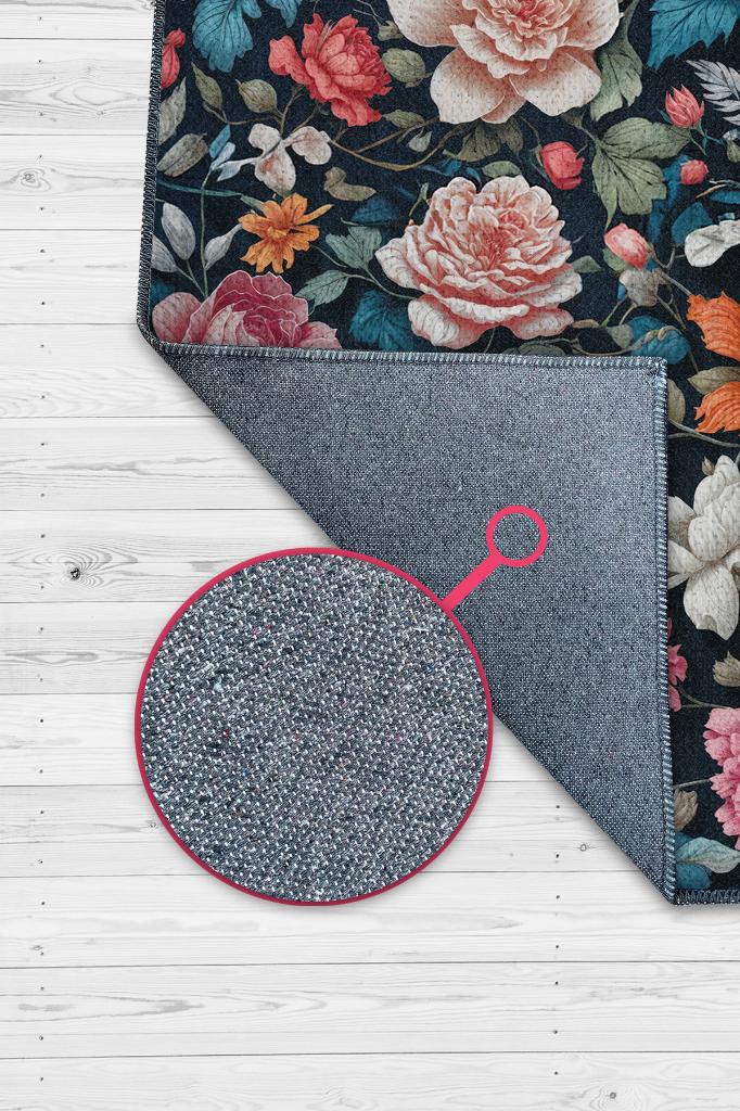 Çiçek Vadisi Koyu Renk Halı Çiçekli Salon Halısı Modern Oturma Odası Halısı Şık Siyah Halı