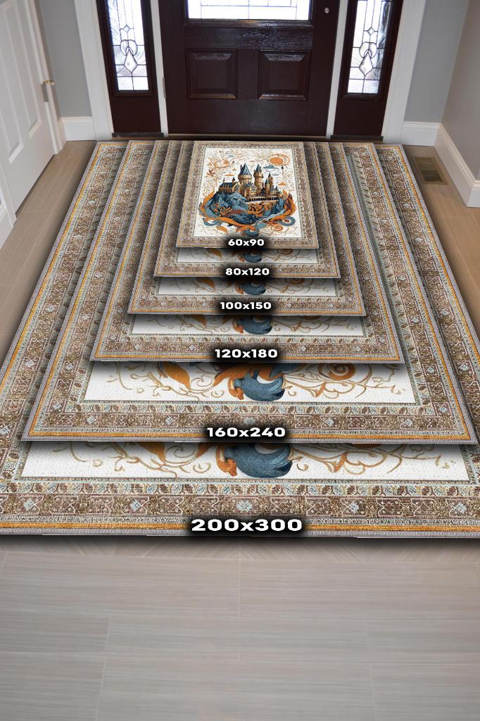 Hogwarts Rüyası Bordürlü İran Halısı Tarzı Mavi Turuncu Bej Renkli Harry Potter Halısı Tasarım Çocuk Halısı