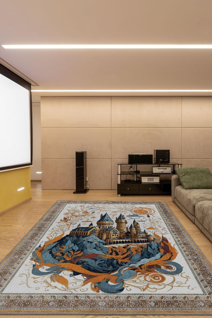 Hogwarts Rüyası Bordürlü İran Halısı Tarzı Mavi Turuncu Bej Renkli Harry Potter Halısı Tasarım Çocuk Halısı