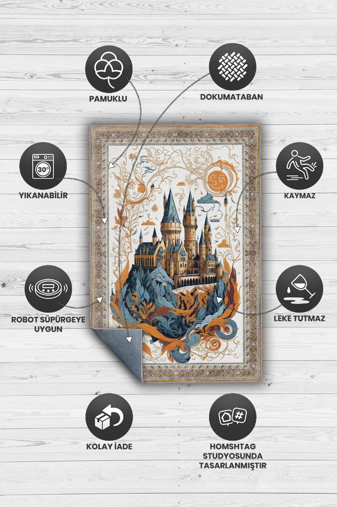 Hogwarts Rüyası Bordürlü İran Halısı Tarzı Mavi Turuncu Bej Renkli Harry Potter Halısı Tasarım Çocuk Halısı