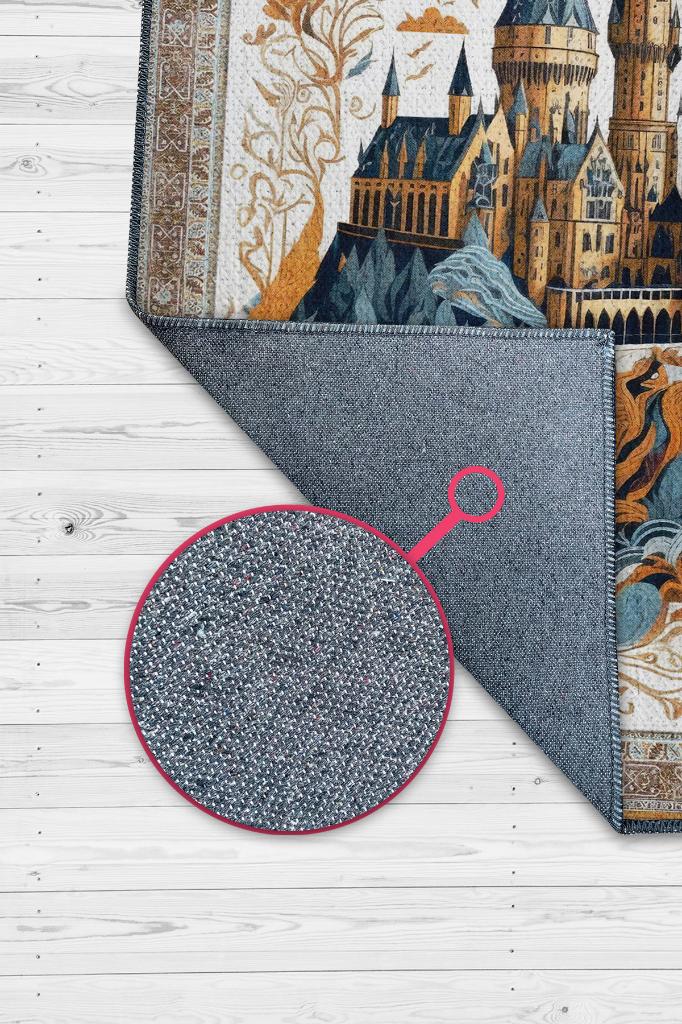 Hogwarts Rüyası Bordürlü İran Halısı Tarzı Mavi Turuncu Bej Renkli Harry Potter Halısı Tasarım Çocuk Halısı