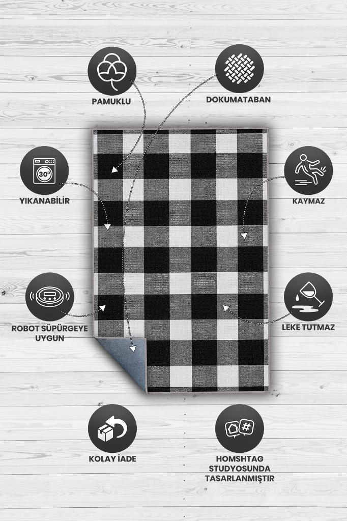 En İyi Hayatını Yaşa Siyah Beyaz Geometrik Oturma Odası Halısı Modern Kareli Salon Halısı