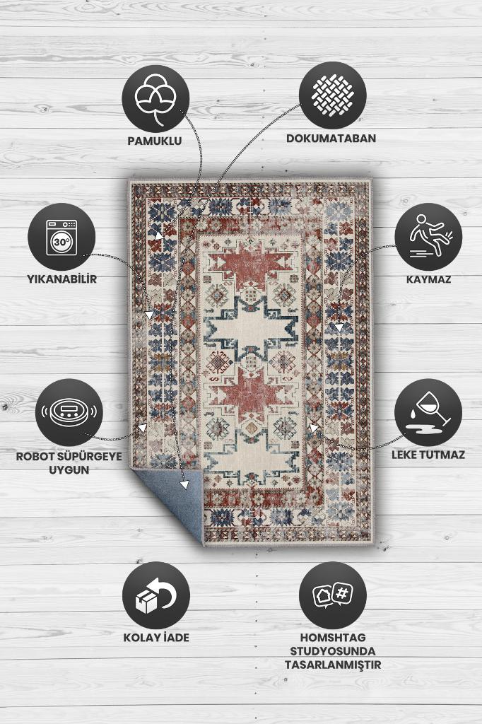 Günümü Güzelleştiriyorsun Bej Renkli Salon Halısı Etik Desenli Geometrik Figürlü Halı