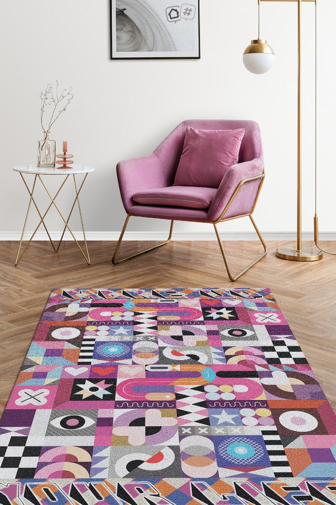 Hayatı Topla Geometrik Desenli Salon Halısı Pembe Renkli Oturma Odası Halısı Dekoratif Halı