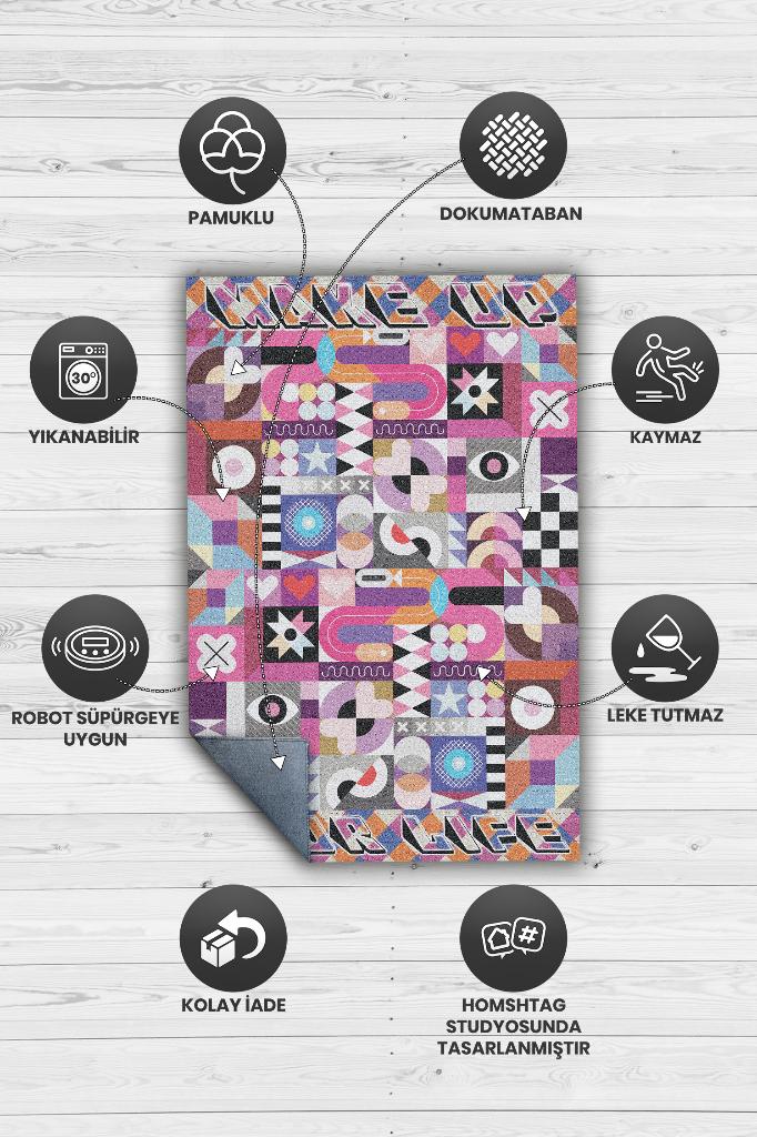 Hayatı Topla Geometrik Desenli Salon Halısı Pembe Renkli Oturma Odası Halısı Dekoratif Halı
