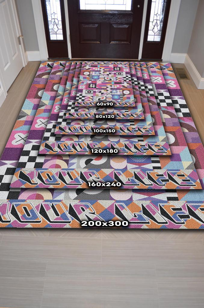 Hayatı Topla Geometrik Desenli Salon Halısı Pembe Renkli Oturma Odası Halısı Dekoratif Halı