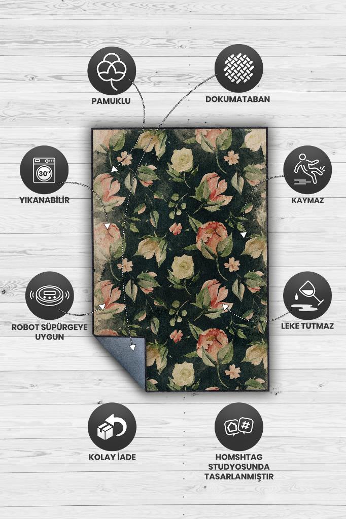 Her Zaman Sen Oldun Çiçek Desenli Siyah Renkli Halı Art Çiçek Temalı Halı Modern Halı