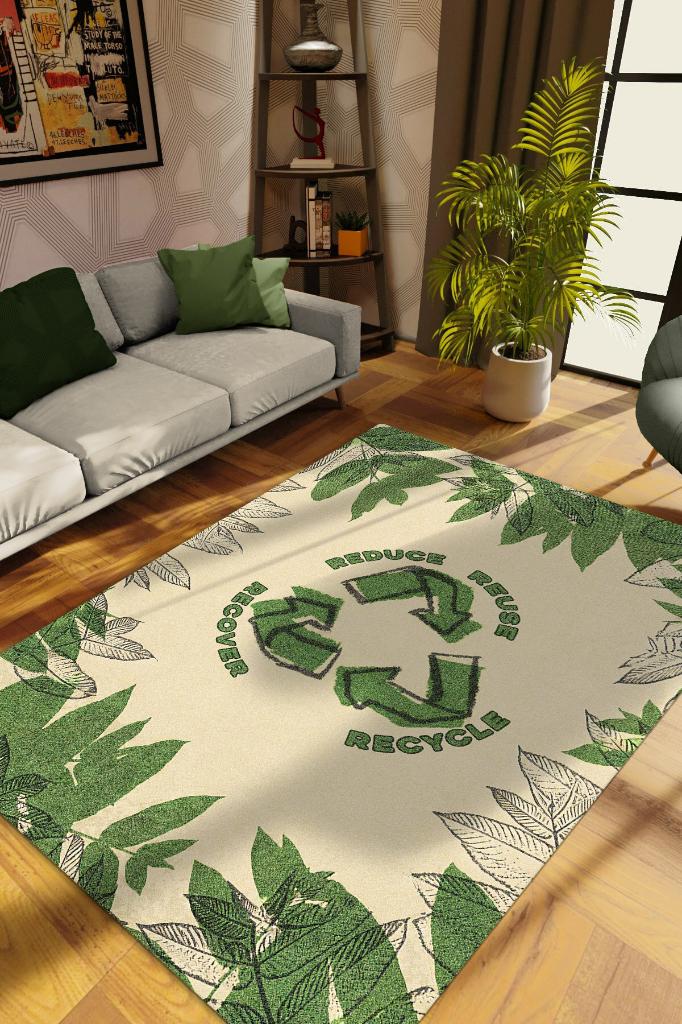 4 R Bej Renkli Halı Doğa Severler İçin Hediyelik Yeşil Renk Halı Modern Yazlık Halı