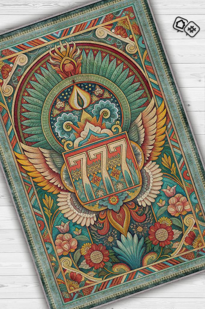 7-7-7 Temalı Yeşil Renkli Spiritüel Temalı Melek Habercisi Şans Getiren Sayı Sekansılı Halı