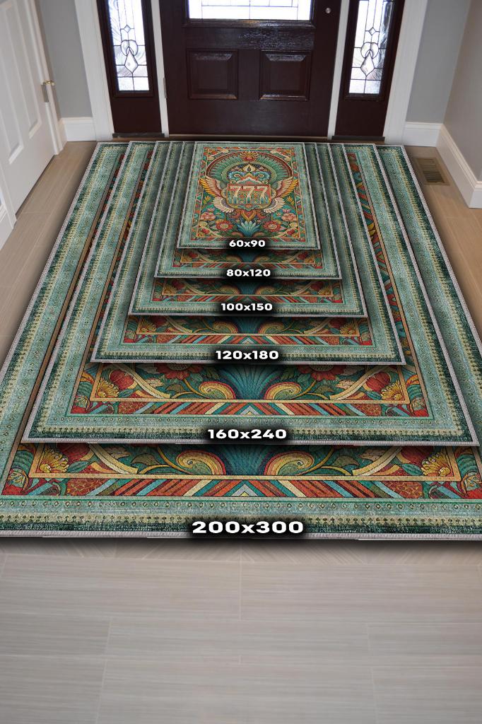 7-7-7 Temalı Yeşil Renkli Spiritüel Temalı Melek Habercisi Şans Getiren Sayı Sekansılı Halı