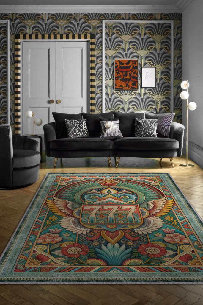 7-7-7 Temalı Yeşil Renkli Spiritüel Temalı Melek Habercisi Şans Getiren Sayı Sekansılı Halı