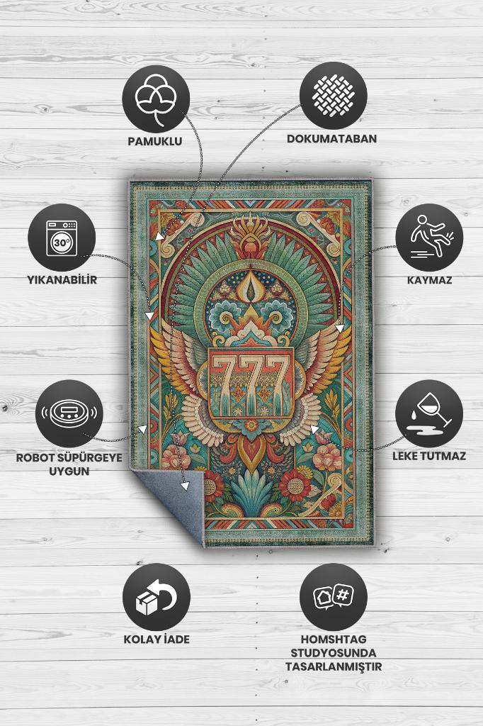 7-7-7 Temalı Yeşil Renkli Spiritüel Temalı Melek Habercisi Şans Getiren Sayı Sekansılı Halı