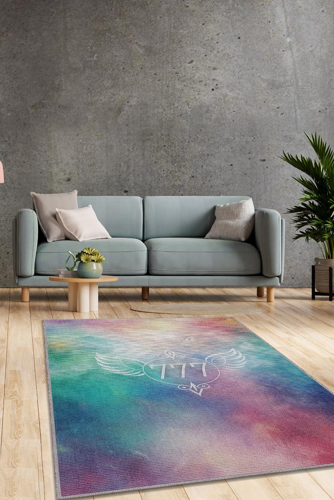 777 Temalı Çok Renkli Spiritüel Temalı Melek Habercisi Şans Getiren Sayı Sekansılı Halı