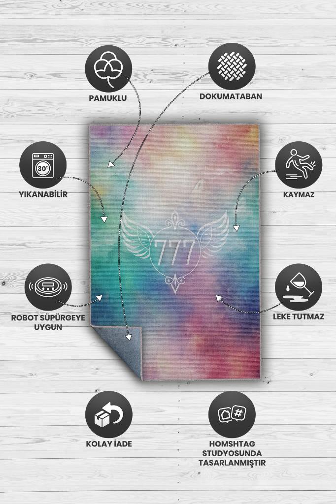 777 Temalı Çok Renkli Spiritüel Temalı Melek Habercisi Şans Getiren Sayı Sekansılı Halı