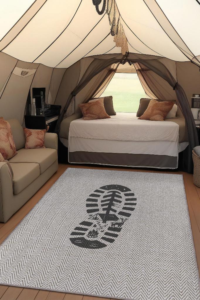 Adım, Karavan Halısı, Minimalist Seyahat Temalı Halı, Çadır Halısı, Kampçı Halısı, Seyahat Temalı Halı, Pamuklu Dokuma Tabanlı Yıkanabilir Dekoratif Halı