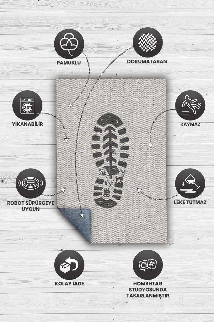 Adım, Karavan Halısı, Minimalist Seyahat Temalı Halı, Çadır Halısı, Kampçı Halısı, Seyahat Temalı Halı, Pamuklu Dokuma Tabanlı Yıkanabilir Dekoratif Halı