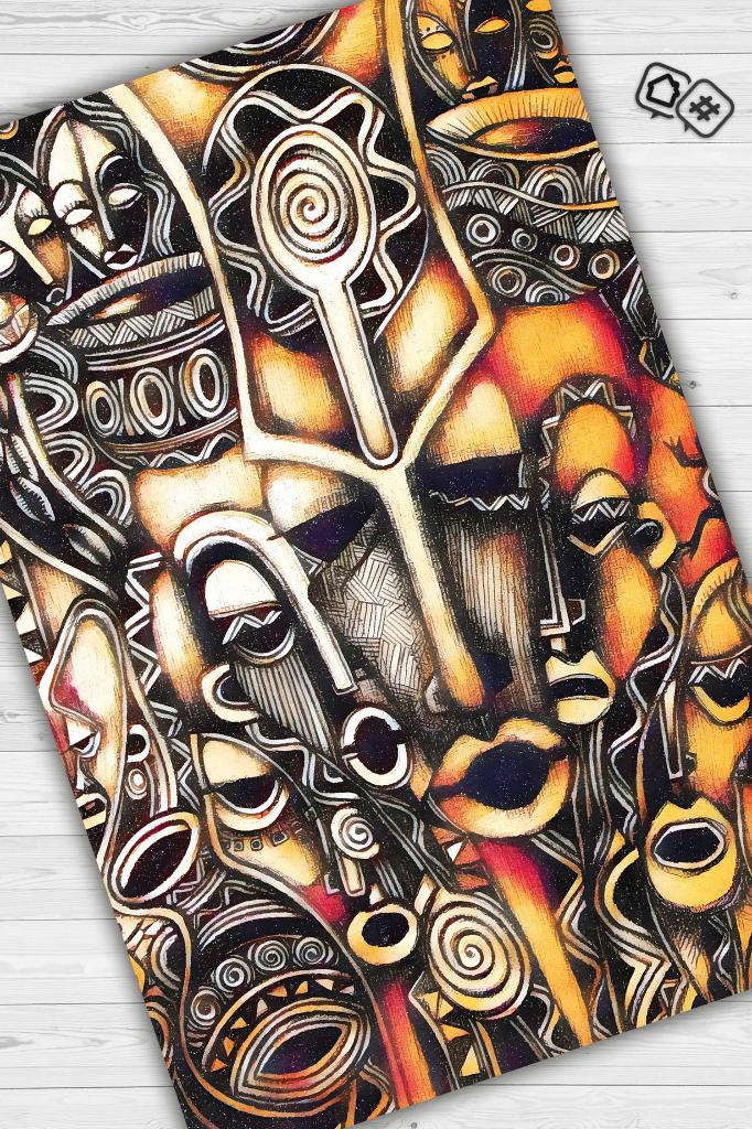 Afrika Maskeleri Minimal Salon Halısı Etnik Desenli Halı Kahve Renkli Oturma Odası Halısı