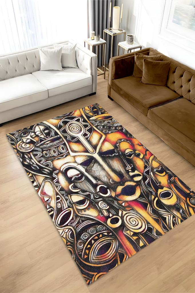 Afrika Maskeleri Minimal Salon Halısı Etnik Desenli Halı Kahve Renkli Oturma Odası Halısı