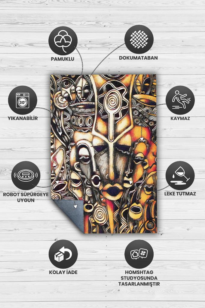 Afrika Maskeleri Minimal Salon Halısı Etnik Desenli Halı Kahve Renkli Oturma Odası Halısı