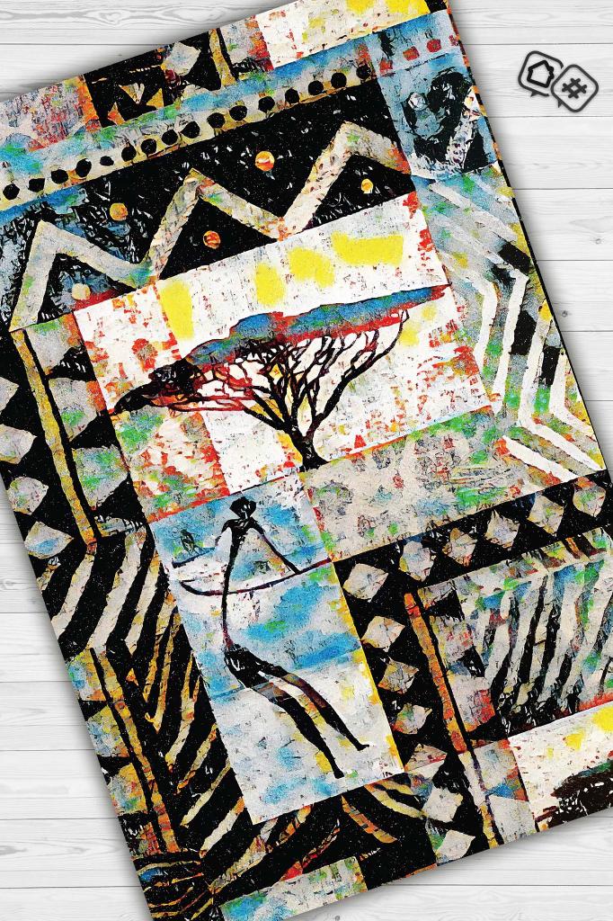 Afro Deco Geometrik Salon Halısı Etnik Desenli Halı Çok Renkli Oturma Odası Halısı