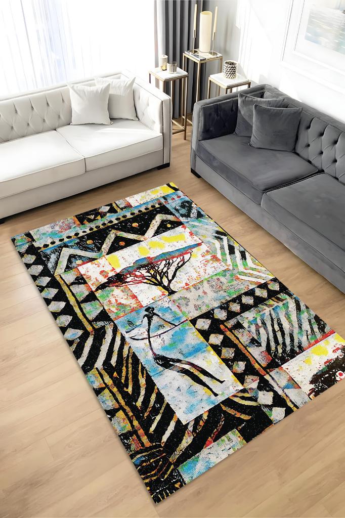 Afro Deco Geometrik Salon Halısı Etnik Desenli Halı Çok Renkli Oturma Odası Halısı
