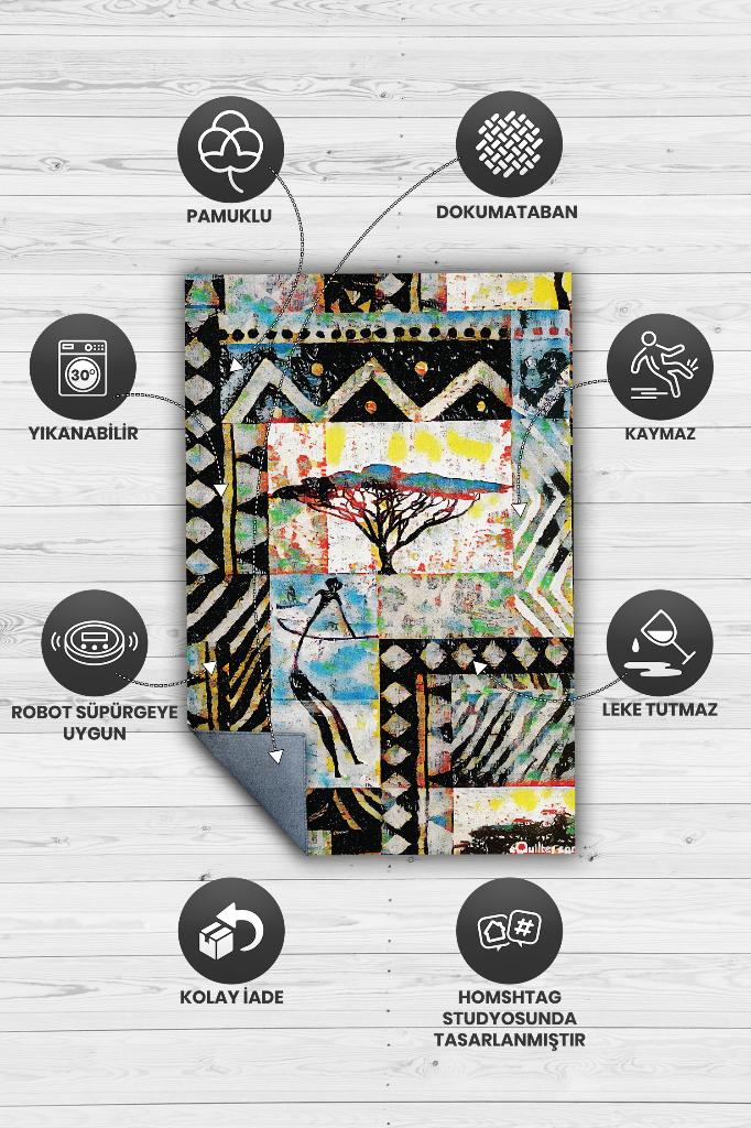Afro Deco Geometrik Salon Halısı Etnik Desenli Halı Çok Renkli Oturma Odası Halısı