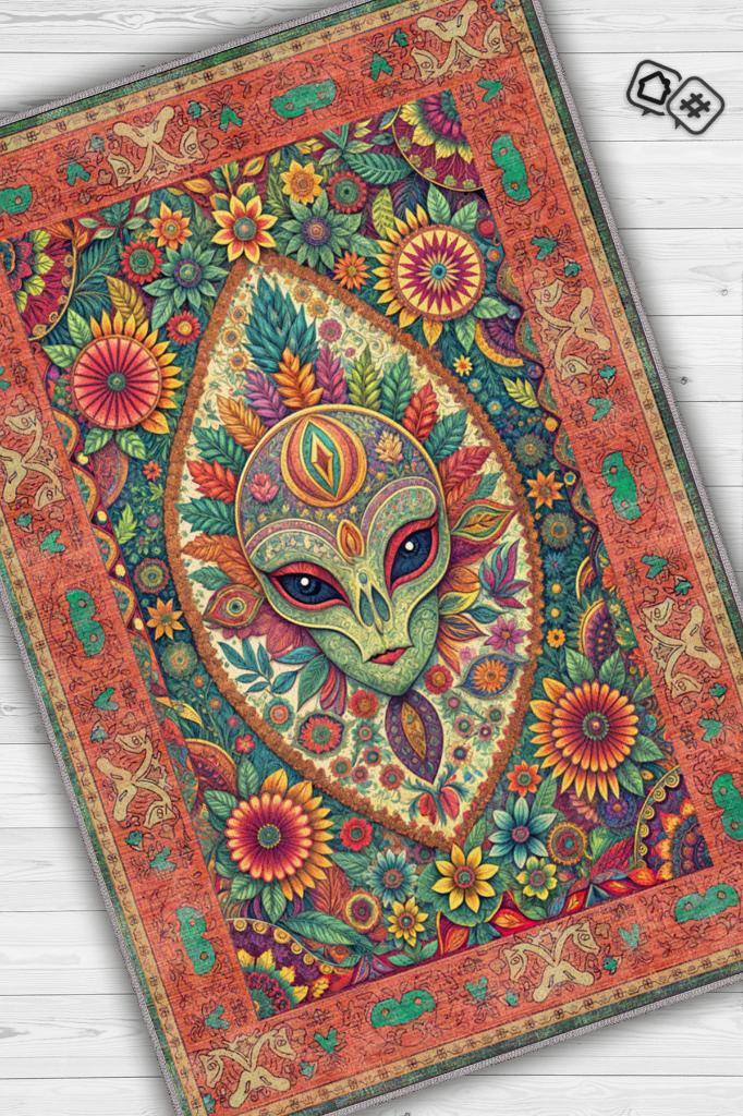 Ailen Figürlü Korku Temalı Uzaylı Salon Halısı Mor Renkli Oturma Odası Halı Konsept Halı