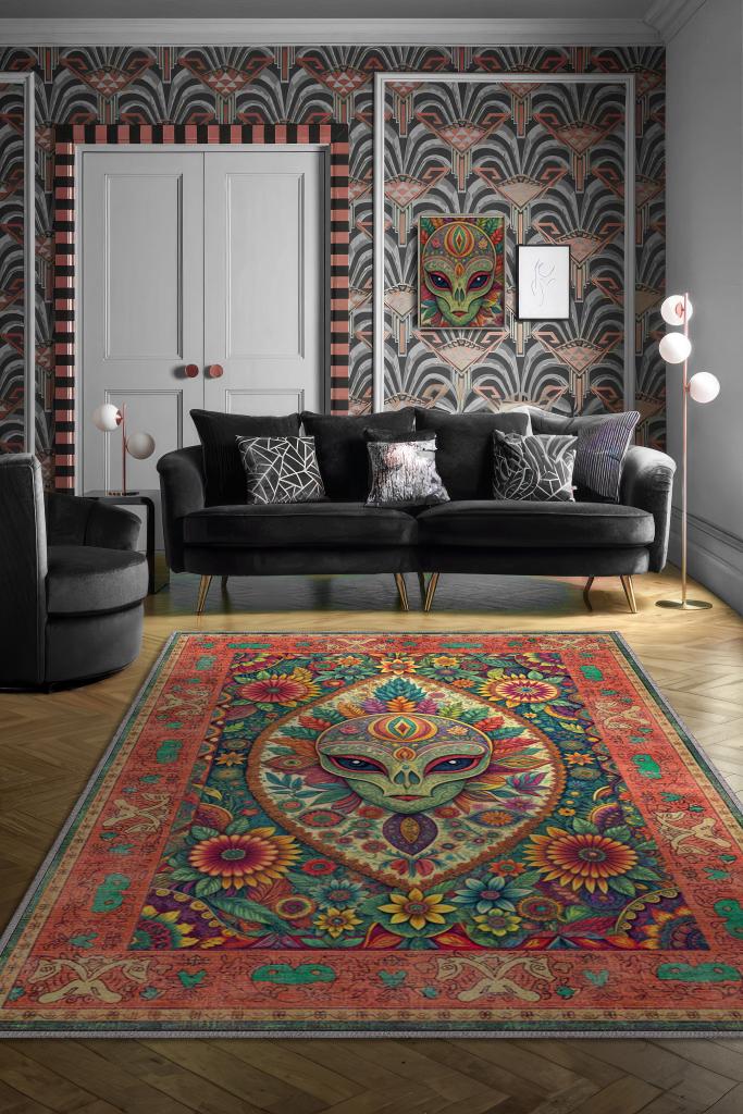 Ailen Figürlü Korku Temalı Uzaylı Salon Halısı Mor Renkli Oturma Odası Halı Konsept Halı