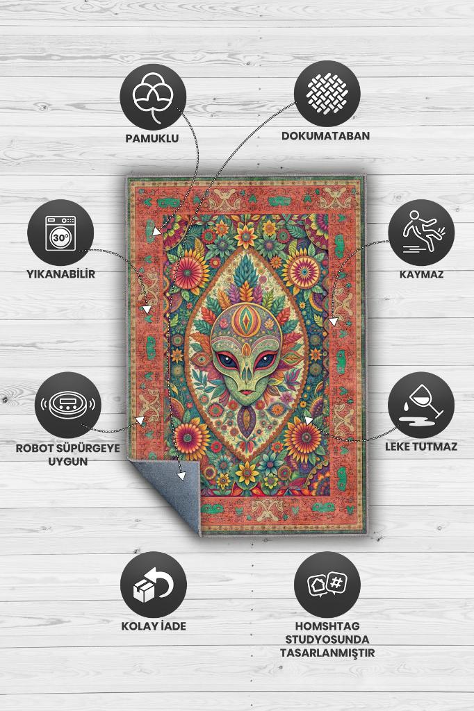 Ailen Figürlü Korku Temalı Uzaylı Salon Halısı Mor Renkli Oturma Odası Halı Konsept Halı