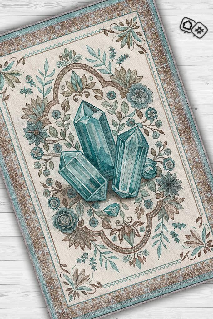 Akuamarin Taşı Halısı Krem Mavi Aura Renkli Enerji Taşı Figürlü Halı Spiritüel Temalı Modern Halı