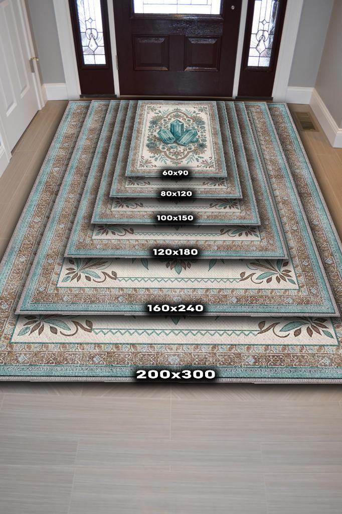 Akuamarin Taşı Halısı Krem Mavi Aura Renkli Enerji Taşı Figürlü Halı Spiritüel Temalı Modern Halı