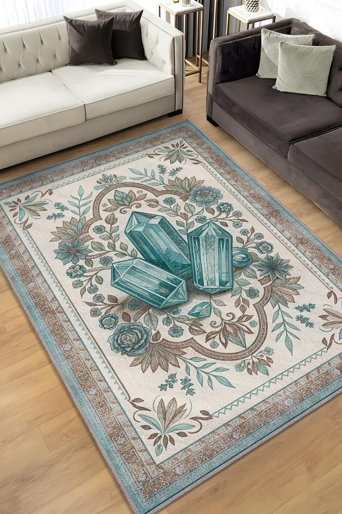 Akuamarin Taşı Halısı Krem Mavi Aura Renkli Enerji Taşı Figürlü Halı Spiritüel Temalı Modern Halı