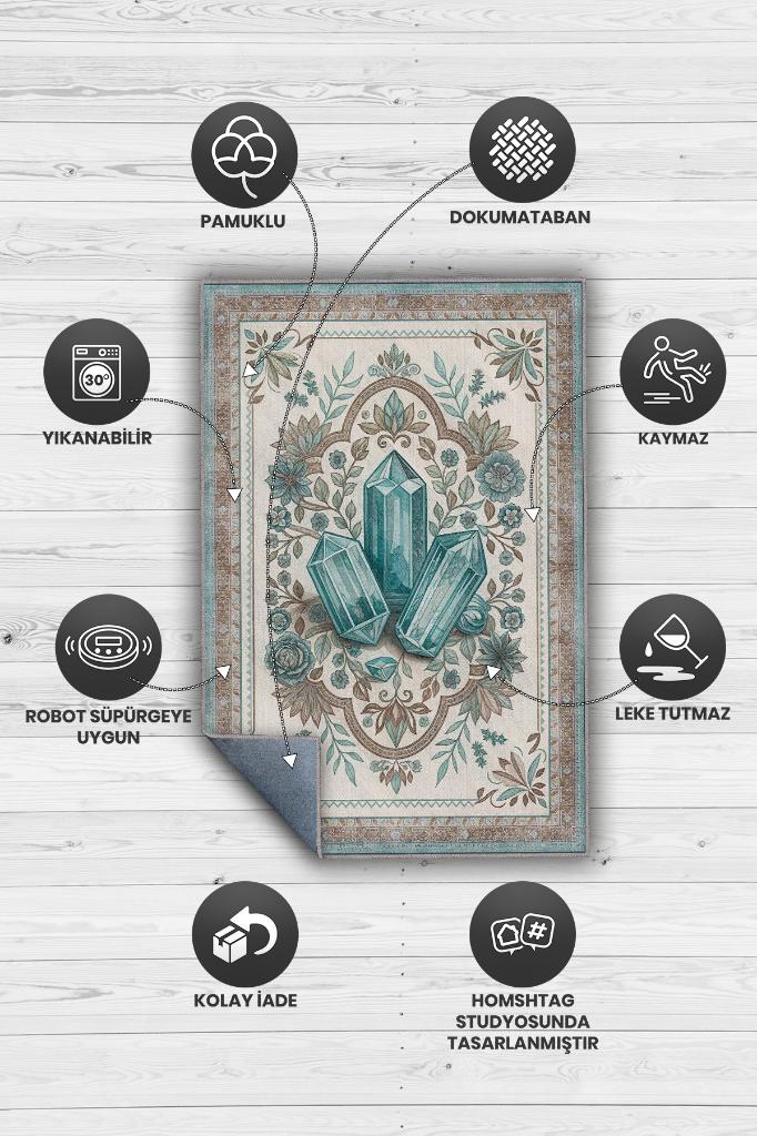 Akuamarin Taşı Halısı Krem Mavi Aura Renkli Enerji Taşı Figürlü Halı Spiritüel Temalı Modern Halı