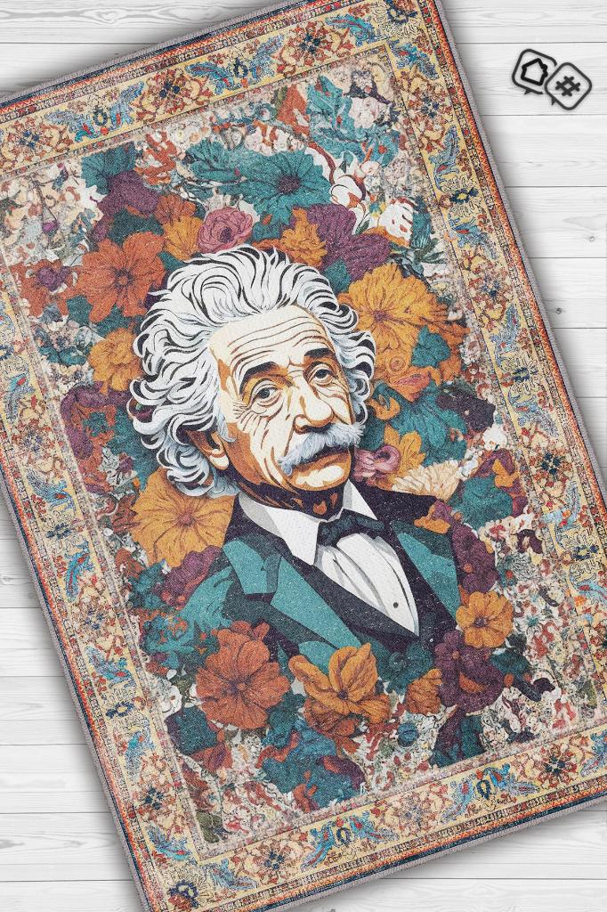 Albert Einstein,Modern Çiçek Desenli Art Deco Vintage Halı,Çok Renkli Maksimalist Halı