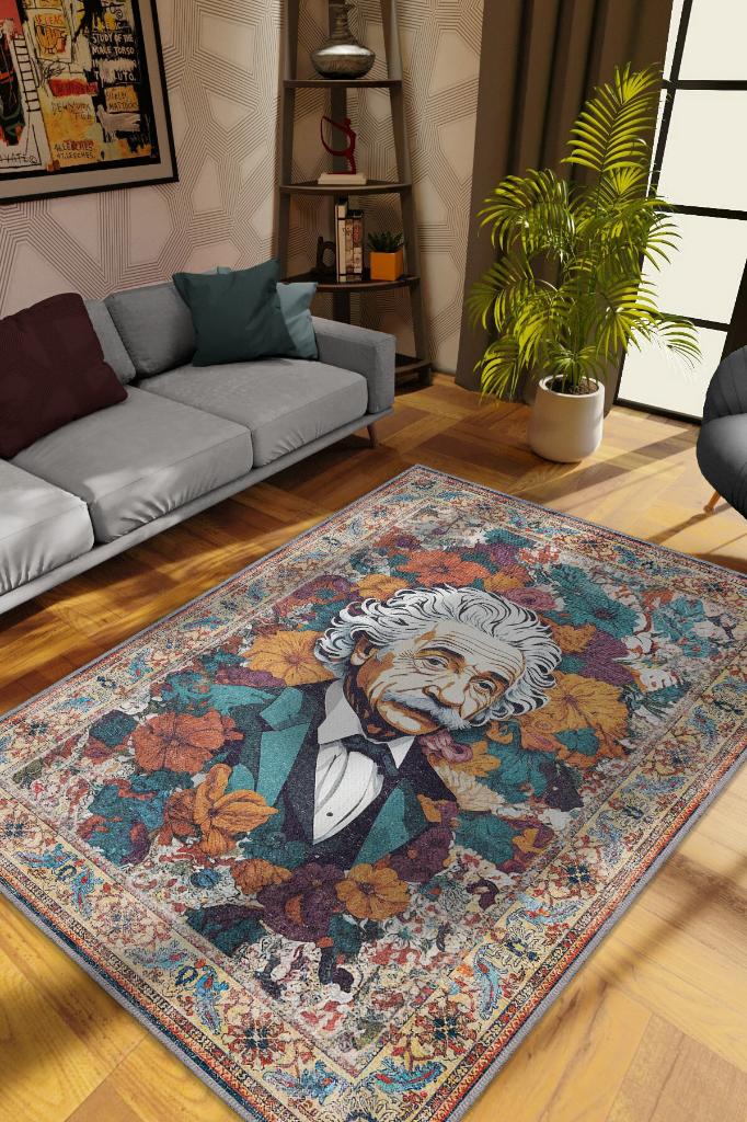 Albert Einstein,Modern Çiçek Desenli Art Deco Vintage Halı,Çok Renkli Maksimalist Halı