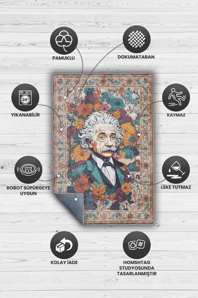 Albert Einstein,Modern Çiçek Desenli Art Deco Vintage Halı,Çok Renkli Maksimalist Halı