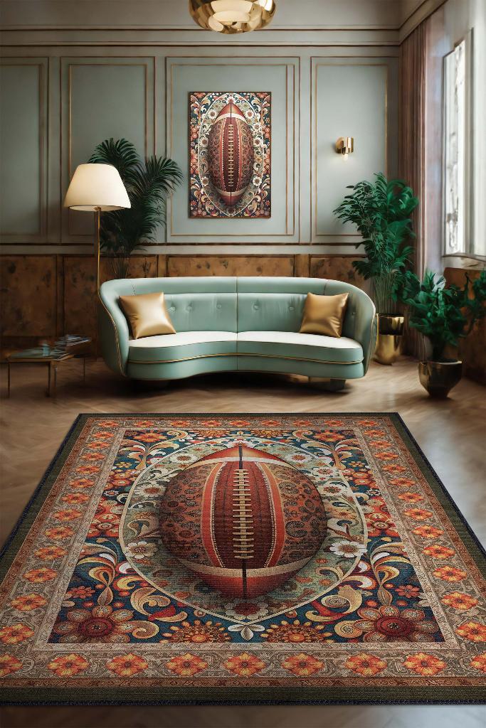 Amerikan Futbolu Desenli Halı Çok Renkli Halı Spor Severe Hediye Halı Spor Sever İçin Çiçekli Halı