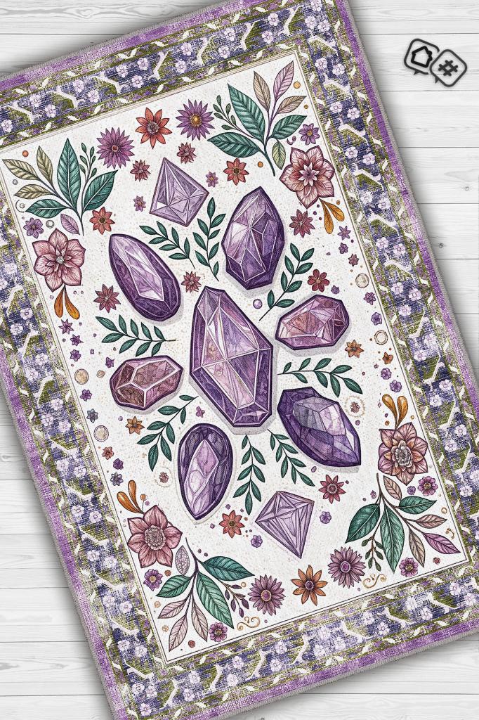 Ametist Taşı Halısı Mor Renkli Enerji Taşı Figürlü Halı Spiritüel Temalı Modern Halı