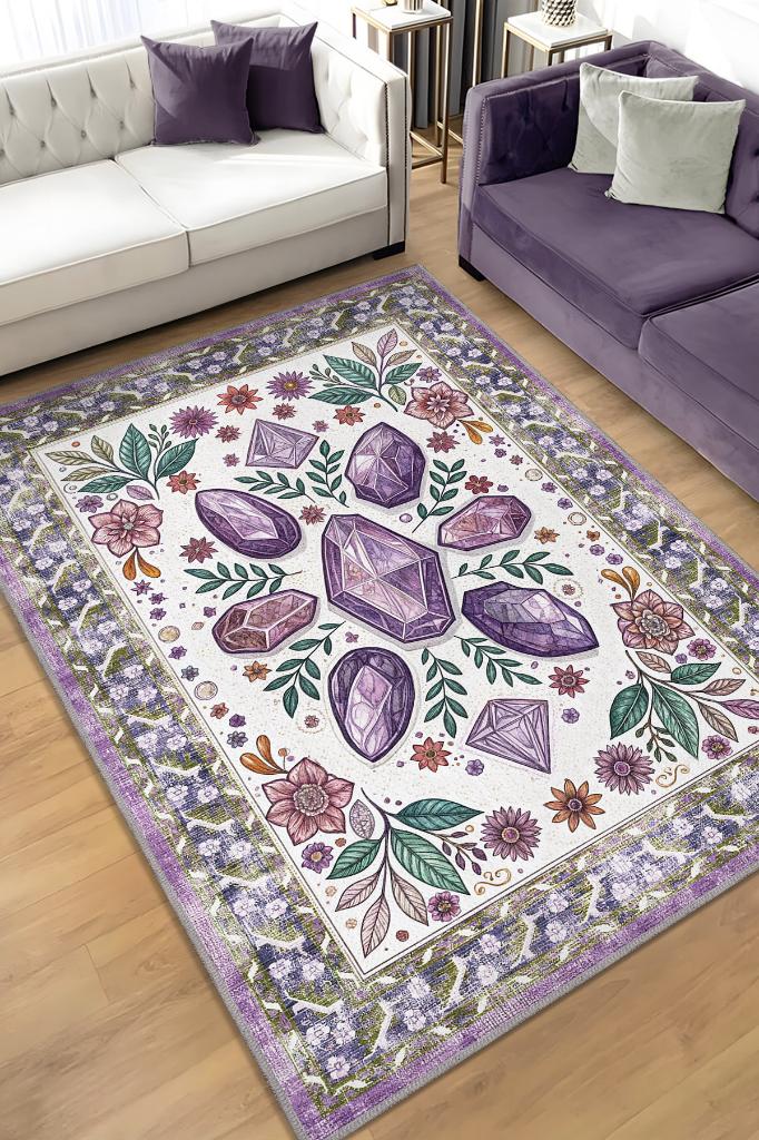 Ametist Taşı Halısı Mor Renkli Enerji Taşı Figürlü Halı Spiritüel Temalı Modern Halı