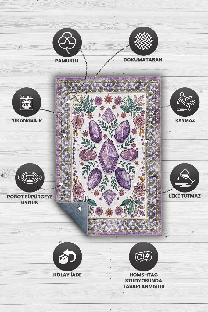 Ametist Taşı Halısı Mor Renkli Enerji Taşı Figürlü Halı Spiritüel Temalı Modern Halı