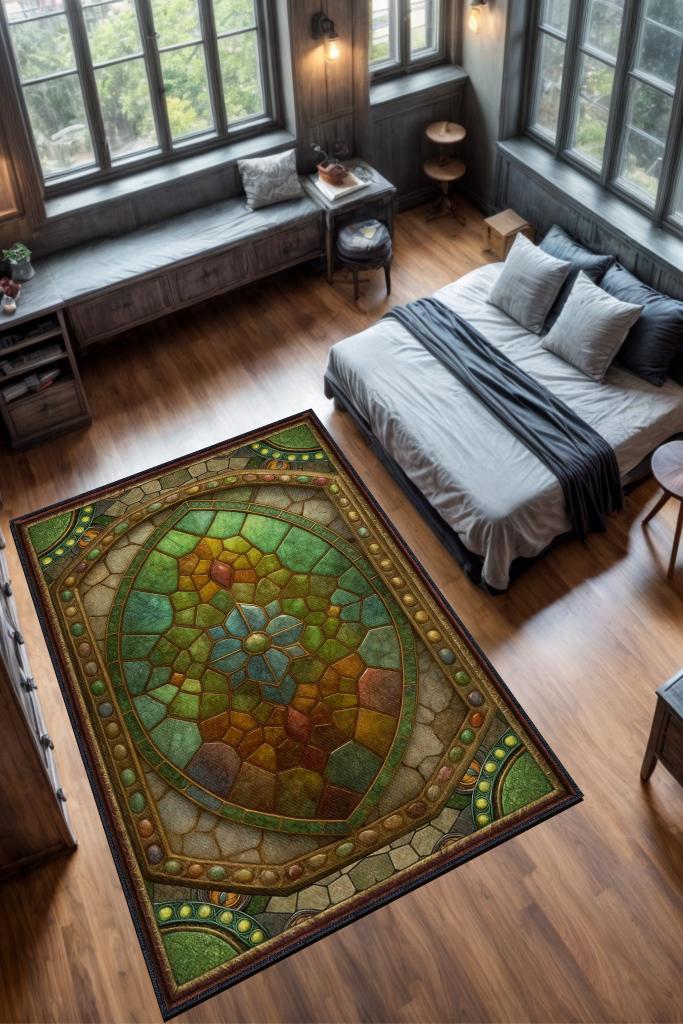 Ammolite Taşı Halısı Yeşil Renk Enerji Taşı Figürlü Halı Spiritüel Temalı Modern Halı